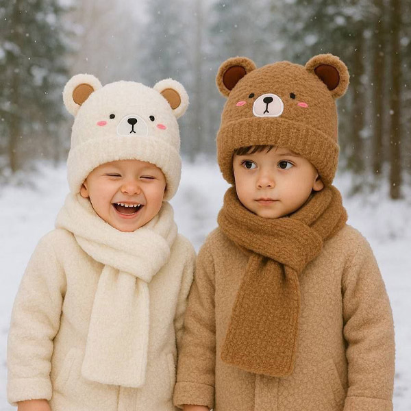 عکس شماره:1 , ست کلاه و شال بچگانه موهر طرح خرس – کلاه موهر با گوش و شال موهر نرم