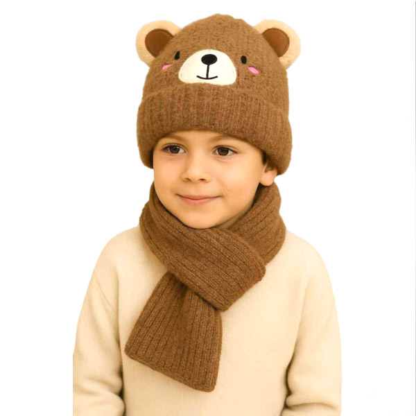 عکس اصلی ست کلاه و شال بچگانه موهر طرح خرس – کلاه موهر با گوش و شال موهر نرم