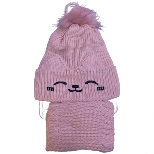 عکس اصلی ست کلاه و شال گردنی بچگانه پوم‌دار دو لایه خزدار